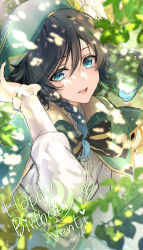 Rule 34 | 1boy, androgynous, beret, black hair, blue hair, bow, braid, cape, character name, collared cape, collared shirt, commentary, commentary request, dappled sunlight, dated, english text, flower, frilled sleeves, frills, genshin impact, gradient hair, green eyes, green hat, hair flower, hair ornament, hand on own head, happy birthday, hat, heart, highres, leaf, long sleeves, looking at viewer, male focus, matori (penguin batake), multicolored hair, open mouth, shirt, short hair with long locks, signature, smile, solo, sunlight, symbol-only commentary, twin braids, twitter username, venti (genshin impact), white flower, white shirt
