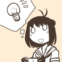 Rule 34 | 10s, 1girl, :d, antenna hair, beige background, black gloves, blush stickers, comic, double bun, flat color, gloves, hair bun, handkerchief, holding, kantai collection, light bulb, monochrome, naka (kancolle), nns (sobchan), o o, open mouth, personification, sailor collar, short hair, short sleeves, simple background, smile, thought bubble, wet, yellow background