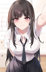 Rule 34 | 1girl, arm behind back, arm up, black hair, black necktie, black skirt, blurry, blurry background, blush, breasts, cleavage, closed mouth, collarbone, collared shirt, cowboy shot, emyo, indoors, large breasts, leaning forward, long hair, looking at viewer, mole, mole under eye, necktie, original, pink eyes, pleated skirt, reaching, reaching towards viewer, shirt, shirt tucked in, short sleeves, sidelocks, skirt, smile, solo, standing, very long hair, wall, white shirt