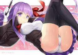 Rule 34 | 10s, 1girl, ass, bb (fate), bb (fate/extra), black thighhighs, breasts, cameltoe, coat, commentary request, fate/extra, fate/extra ccc, fate (series), gloves, hair ribbon, holding, holding wand, large breasts, leg lift, leg up, legs, long hair, lying, miniskirt, on back, panties, purple eyes, purple hair, ribbon, shirt, shoes, skirt, smile, solo, thighhighs, thighs, torimaru, trefoil, underwear, very long hair, wand, white panties