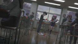 Rule 34 | 4girls, 5boys, asagiri minori, black eyes, black hair, blouse, blunt bangs, bowl cut, brown hair, bullying, ceiling light, classroom, closed mouth, commentary request, desk, dutch angle, extra, gakuran, highres, holding, indoors, kageyama shigeo, laughing, light purple hair, long sleeves, looking at another, meipu hm, milk, mob psycho 100, multiple boys, multiple girls, muted color, pleated skirt, school uniform, shirt, short hair, sitting, skirt, smile, spilled milk, standing, tile floor, tiles, tray, white shirt, window