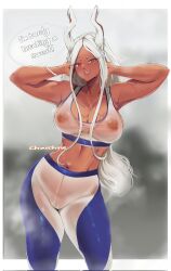 Rule 34 | 1girl, animal ears, armpits, arms behind head, artist name, bare arms, bare shoulders, boku no hero academia, border, breasts, chaichne, cleavage, commentary, covered erect nipples, dark-skinned female, dark skin, english commentary, english text, highres, large breasts, long eyelashes, long hair, looking at viewer, mirko, navel, pants, parted bangs, rabbit ears, rabbit girl, red eyes, see-through, smile, solo, speech bubble, sports bra, steaming body, stomach, sweat, sweaty clothes, thighs, tight clothes, tight pants, toned, two-tone pants, white border, white hair, white sports bra, yoga pants