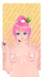 Rule 34 | 1girl, adventure time, blue eyes, breasts, food, food on body, fruit, hair bun, highres, licking lips, loyproject, nail polish, nude, outside border, pink hair, princess bonnibel bubblegum, short hair, solo, strawberry, tongue, tongue out, upper body, whipped cream