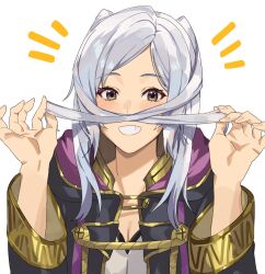 Rule 34 | 1girl, blush, breasts, brown eyes, cleavage, fake facial hair, fake mustache, fire emblem, fire emblem awakening, grin, hair mustache, highres, hood, kamu (kamuuei), long hair, long sleeves, looking at viewer, nintendo, playing with hair, playing with own hair, robe, robin (female) (fire emblem), robin (fire emblem), small breasts, smile, solo, twintails, upper body, white hair