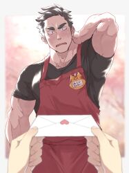 Rule 34 | 1boy, absurdres, apron, arm behind head, bara, black hair, black shirt, blurry, blurry background, blush, bright pupils, cherry blossoms, confession, facial hair, highres, kosei ginshari, letter, love letter, male focus, muscular, muscular male, name tag, open mouth, original, pov, pov hands, red apron, shirt, short hair, short sleeves, sideburns stubble, solo, stubble, sweatdrop, teacher, thick eyebrows, white pupils