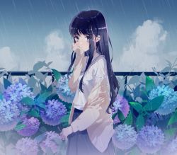 Rule 34 | 1girl, absurdres, bad id, bad pixiv id, black hair, black skirt, blue eyes, blush, crying, crying with eyes open, flower, highres, hydrangea, looking at viewer, original, outdoors, parted lips, rain, skirt, sleeves past wrists, solo, tears, zhibuji loom