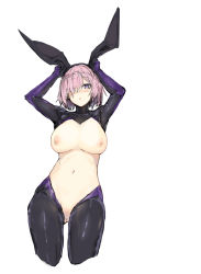 Rule 34 | 1girl, animal ears, arms up, bad id, bad pixiv id, blush, breasts, fake animal ears, fate/grand order, fate (series), gloves, gluteal fold, hair over one eye, highres, large breasts, latex, latex gloves, latex legwear, looking at viewer, maebari, mash kyrielight, meme attire, navel, nipples, pink hair, purple eyes, reverse bunnysuit, reverse outfit, sa/tsu/ki, short hair, shrug (clothing), solo, stomach, white background