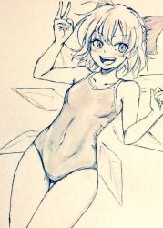 Rule 34 | 1girl, bow, breasts, cirno, commentary request, covered navel, d-m (dii emu), dutch angle, eyelashes, fairy wings, greyscale, hair bow, ice, ice wings, looking at viewer, monochrome, one-piece swimsuit, short hair, swimsuit, touhou, traditional media, v, wings