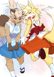 Rule 34 | 2girls, ^ ^, animal ear fluff, animal ears, animal nose, bare shoulders, blonde hair, blue hakama, blue trim, blush, body fur, breasts, brown footwear, brown fur, character name, closed eyes, embarrassed, facial mark, facing viewer, fang, female focus, fox ears, fox girl, fox tail, from behind, furry, furry female, hair tie, hakama, hakama short skirt, hakama skirt, half-closed eyes, happy, highres, hip vent, japanese clothes, japanese text, kame (3t), kimono, kneepits, leaning forward, leg up, looking back, medium breasts, medium hair, miko, multiple girls, obi, open mouth, orange trim, original, outline, raccoon ears, raccoon girl, raccoon tail, red hakama, rin-chan (kame (3t)), sandals, sash, shide, shy, sidelocks, sideways mouth, simple background, skirt, sleeveless, sleeveless kimono, smile, snout, socks, standing, standing on one leg, swept bangs, tabi, tail, tail raised, thick eyebrows, topknot, translated, two-tone fur, whisker markings, white eyes, white fur, white kimono, white outline, white socks, yellow fur, yhun-chan (kame (3t)), zouri