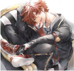 Rule 34 | 1boy, ace trappola, bad id, bad twitter id, black gloves, chair, facial tattoo, gloves, hair between eyes, highres, jacket, looking at viewer, male focus, necktie, open mouth, orange hair, red eyes, red hair, school uniform, shoes, short hair, sitting, smile, sneakers, tattoo, tongue, tongue out, twisted wonderland, twst aaa