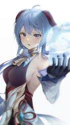 Rule 34 | 1girl, ahoge, bare shoulders, bell, black gloves, blue hair, blush, breasts, chinese knot, detached sleeves, flower knot, from side, ganyu (genshin impact), genshin impact, gloves, highres, horns, long hair, looking at viewer, medium breasts, neck bell, orb, parted lips, purple eyes, sideboob, sidelocks, solcha, solo, upper body, vision (genshin impact), white background, white sleeves