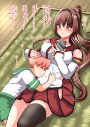 Rule 34 | 1boy, 1girl, admiral (kancolle), armband, black thighhighs, breasts, brown eyes, brown hair, cellphone, cherry blossoms, flower, green sailor collar, hair flower, hair intakes, hair ornament, highres, hip vent, holding, holding phone, hug, kantai collection, large breasts, little boy admiral (kancolle), long hair, lying, miniskirt, mochisaka mitsuki, on back, on side, phone, pink hair, pleated skirt, ponytail, red skirt, sailor collar, short hair, sidelocks, single thighhigh, skirt, smartphone, smile, thighhighs, translation request, very long hair, yamato (kancolle), z flag