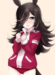 Rule 34 | 1girl, animal ears, black hair, blush, brown background, buruma, commentary request, cowboy shot, hair over one eye, hands up, horse ears, horse girl, horse tail, jacket, long hair, long sleeves, looking at viewer, nose blush, parted lips, puffy long sleeves, puffy sleeves, purple eyes, red buruma, red jacket, rice shower (umamusume), simple background, sleeves past wrists, solo, standing, sweat, tail, track jacket, umamusume, very long hair, watarui