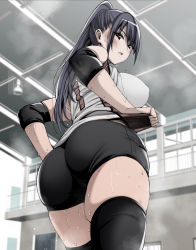 Rule 34 | 1girl, ass, ass focus, bike shorts, black eyes, black hair, blue hair, breasts, curvy, dark blue hair, elbow pads, from behind, gym, highres, huge ass, large breasts, long hair, looking at viewer, looking back, monpuchi, open mouth, original, puffy nipples, shirt, skindentation, solo, sportswear, sweat, thick thighs, thighhighs, thighs