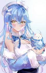 Rule 34 | 1girl, absurdres, ahoge, bare shoulders, blue hair, blue nails, blush, bow, breasts, closed mouth, detached collar, detached sleeves, dress, flower, fur trim, hair between eyes, hair flower, hair ornament, heart, heart ahoge, highres, holding, hololive, large breasts, long hair, looking at viewer, mile (off8mile), nail polish, pointy ears, simple background, smile, solo, star (symbol), upper body, virtual youtuber, white headwear, yellow eyes, yukihana lamy