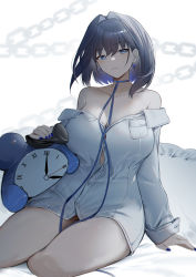 Rule 34 | 1girl, absurdres, alarm clock, arm support, bare shoulders, blue choker, blue eyes, blue hair, blue nails, bow, bow earrings, breasts, chain, choker, cleavage, clock, closed mouth, collarbone, commentary, dress shirt, earrings, english commentary, hair intakes, hand rest, highres, hololive, hololive english, jewelry, large breasts, leash, light blush, long sleeves, looking at viewer, multicolored hair, nail polish, naked shirt, off shoulder, ouro kronii, shibuya (kurokamishain), shirt, short hair, sitting, smile, solo, thighs, two-tone hair, virtual youtuber, white background, white shirt, yokozuwari