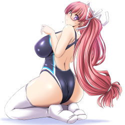 Rule 34 | 1girl, ass, black one-piece swimsuit, blush, breasts, competition swimsuit, from behind, glasses, head tilt, kneeling, large breasts, log-mi (tonpuu), long hair, one-piece swimsuit, original, pink hair, ponytail, purple eyes, solo, swimsuit, thighhighs, tonpuu, white thighhighs