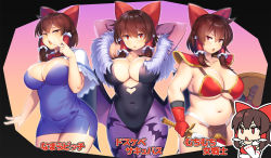 Rule 34 | 1girl, animal print, armor, arms behind head, bat print, bikini armor, bow, breasts, brown hair, cape, capelet, cleavage, clothing cutout, commentary, cookie (touhou), cosplay, detached sleeves, dragon quest, dragon quest iii, dress, gloves, hair bow, hair tubes, hakurei reimu, heart cutout, highres, hinase (cookie), hinase (cookie) (cosplay), holding, holding sword, holding weapon, japanese clothes, large breasts, leotard, loincloth, low wings, miko, miniskirt, morrigan aensland, morrigan aensland (cosplay), multiple persona, no panties, orange eyes, pantyhose, plump, purple pantyhose, red eyes, reu (cookie), shield, simple background, skirt, soldier (dq3), soldier (dq3) (cosplay), sword, tarmo, touhou, translated, triangle mouth, v, vampire (game), weapon, wings