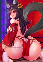 Rule 34 | 1girl, animal ear fluff, animal ears, ass, bare shoulders, blush, breasts, bright pupils, chiroshiron, detached sleeves, fox ears, fox girl, fox tail, from behind, highres, licking lips, long hair, looking back, no shoes, original, panties, panty pull, pelvic curtain, purple hair, red eyes, side-tie panties, sideboob, sitting, solo, string panties, tail, tongue, tongue out, underwear, wariza, white panties