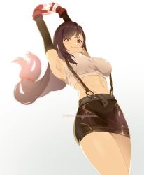 Rule 34 | 1girl, armpits, arms up, black skirt, breasts, crop top, dangle earrings, earrings, elbow gloves, final fantasy, final fantasy vii, final fantasy vii remake, fingerless gloves, gloves, goku-chan, highres, jewelry, large breasts, long hair, looking at viewer, looking down, low-tied long hair, midriff, navel, red eyes, red gloves, skirt, solo, sparkle, stretching, suspender skirt, suspenders, tank top, thighs, tifa lockhart, toned, twitter username, white tank top