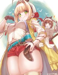 Rule 34 | 2girls, ahoge, atelier (series), atelier ryza, atelier ryza 1, belt, blonde hair, blush, breasts, brown belt, brown hair, closed mouth, cosplay, crossover, fate/extra, fate (series), gloves, green eyes, hand on own hip, hat, looking at viewer, medium breasts, multiple girls, nero claudius (fate), nero claudius (fate) (all), nero claudius (fate/extra), red shorts, reisalin stout, reisalin stout (cosplay), short hair, short shorts, shorts, single glove, smile, thighhighs, thighs, white headwear, yayoi maka