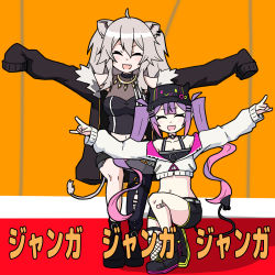 Rule 34 | 2girls, ^ ^, baseball cap, black jacket, black shorts, breasts, cleavage, closed eyes, cropped jacket, demon tail, fur trim, gradient hair, grey hair, grey skirt, hat, hololive, honmirin, jacket, kneeling, medium breasts, midriff, multicolored hair, multiple girls, navel, off shoulder, on one knee, open mouth, outstretched arms, pink hair, purple hair, see-through, see-through cleavage, shishiro botan, shishiro botan (1st costume), short shorts, shorts, single leg pantyhose, skirt, smile, tail, tokoyami towa, torn clothes, torn legwear, twintails, virtual youtuber, white jacket
