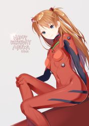 Rule 34 | 1girl, arm behind back, arm support, birthday, blue eyes, bodysuit, breasts, brown hair, character name, covered navel, english text, from side, gloves, grey background, hand on own knee, happy birthday, knee up, light smile, long hair, looking at viewer, neon genesis evangelion, orange hair, parted bangs, pilot suit, plugsuit, ribs, simple background, sitting, small breasts, smile, solo, souryuu asuka langley, turtleneck, twitter username, two side up, you06