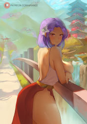Rule 34 | 1girl, against railing, arachnart, breast rest, breasts, character request, highres, large breasts, looking at viewer, purple hair, railing, solo, thighs, wide hips
