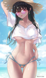 Rule 34 | 1girl, animal print, arm behind head, arm up, artist name, beach, bear print, bikini, bikini bottom only, black hair, blue sky, blush, breasts, chinese commentary, cloud, commentary request, cowboy shot, crop top, earrings, gold earrings, hat, highres, jewelry, large breasts, long hair, looking at viewer, mumu mago, navel, outdoors, parted lips, purple-tinted eyewear, red eyes, side-tie bikini bottom, sky, solo, spy x family, stomach, straight hair, straw hat, sunglasses, swimsuit, thigh gap, thighs, tinted eyewear, underboob, water, wet, yor briar