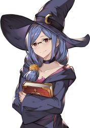 Rule 34 | 10s, 1girl, blue hair, blush, book, hugging book, choker, closed mouth, collarbone, glasses, hair over shoulder, hat, holding, holding book, lialight, little witch academia, long hair, long sleeves, looking at viewer, hugging object, red eyes, rimless eyewear, smile, solo, upper body, ursula callistis, wide sleeves, witch hat