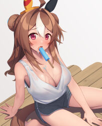 Rule 34 | 1girl, ahoge, animal ears, arm support, bare shoulders, barefoot, blush, breasts, brown hair, cleavage, collarbone, commentary request, copano rickey (umamusume), dolphin shorts, double bun, fang, food, grey shorts, hair bun, highres, horse ears, horse girl, horse tail, kneeling, large breasts, long hair, looking at viewer, multicolored hair, open mouth, partner (kprtnr), popsicle, raised eyebrow, red eyes, shadow, shirt, shorts, sitting, solo, streaked hair, sweat, tail, tank top, umamusume, white shirt