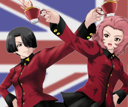 Rule 34 | 2girls, black hair, cup, ear piercing, earrings, flag background, girls und panzer, green eyes, hand on own hip, highres, holding, holding cup, jewelry, military uniform, multiple girls, piercing, red hair, rosehip (girls und panzer), skirt, st. gloriana&#039;s military uniform, tea, uniform, union jack, yoyokkun