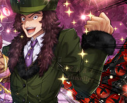 Rule 34 | 2boys, purple gemstone, armlet, artist name, black eyes, blush, brown hair, clenched hand, cluseller, collared shirt, commission, cropped, crystal, dark skin, dark-skinned male, emphasis lines, fate/grand order, fate (series), fur-trimmed jacket, fur-trimmed sleeves, fur trim, gem, green headwear, green jacket, hand up, happy, hat, jacket, japanese text, lev lainur flauros, light blush, long hair, long sleeves, looking at viewer, male focus, multiple boys, muscular, necktie, open mouth, original, purple background, purple neckwear, sample watermark, sharp teeth, shirt, smile, solo focus, sparkle, teeth, tongue, top hat, translation request, upper body, watermark, white shirt
