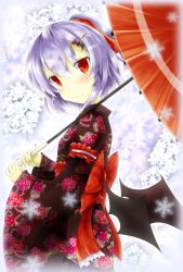 Rule 34 | 1girl, akisome hatsuka, alternate costume, bat hair ornament, bat wings, hair ornament, head tilt, japanese clothes, kimono, looking at viewer, purple hair, red eyes, remilia scarlet, short hair, smile, solo, touhou, wings