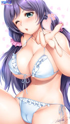 Rule 34 | 1girl, artist request, bikini, blowing kiss, breasts, cameltoe, cleavage, green eyes, heart, huge breasts, lipstick, looking at viewer, love live!, makeup, navel, one eye closed, purple hair, solo, swimsuit, tojo nozomi, twintails, white bikini, wink
