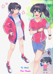 Rule 34 | 1girl, :3, absurdres, black hair, blue eyes, blue shorts, borrowed character, bracelet, chibi, closed mouth, collarbone, commission, highres, jewelry, lips, looking at viewer, maromichan, multiple views, open mouth, original, red shirt, red socks, shirt, shoes, short hair, short ponytail, shorts, skeb commission, smile, sneakers, socks, teeth, upper teeth only, watermark