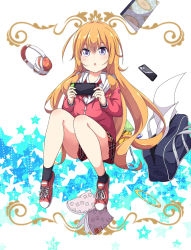 Rule 34 | 1girl, ahoge, bag, blonde hair, blouse, book, bow, collared shirt, dress shirt, earphones, eraser, gabriel dropout, gabriel tenma white, handheld game console, highres, holding, holding handheld game console, hood, hoodie, long hair, looking at viewer, messy hair, open book, open mouth, paper, pen, phone, plaid, plaid skirt, purple eyes, red bow, school bag, shirt, shoes, skirt, sneakers, socks, solo, star (symbol), starry background, ukami, very long hair, white shirt