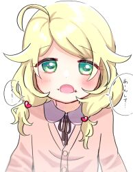 Rule 34 | 1girl, :o, ahoge, blonde hair, blush, commentary request, food, food on face, green eyes, highres, idolmaster, idolmaster cinderella girls, neck ribbon, ribbon, shiningrainbow294, short twintails, simple background, solo, speech bubble, translation request, twintails, upper body, white background, yusa kozue