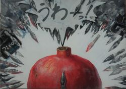 Rule 34 | acrylic paint (medium), food, fruit, highres, ink, inkwell, nib pen (object), no humans, original, osumared, painting (medium), pen, pen nib, photo (medium), pomegranate, speech bubble, still life, traditional media, translation request, white background