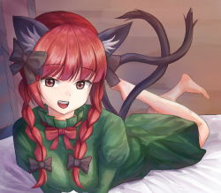 Rule 34 | 1girl, :d, animal ear fluff, animal ears, barefoot, black bow, blunt bangs, bow, bowtie, breasts, cat ears, cat tail, dress, feet up, green dress, hair bow, hair ribbon, indoors, juliet sleeves, kaenbyou rin, long hair, long sleeves, looking at viewer, lying, medium breasts, multiple tails, nekomata, on bed, on stomach, open mouth, puffy sleeves, red bow, red bowtie, red eyes, red hair, ribbon, rpbdu4786, smile, solo, swinging legs, tail, teeth, the pose, touhou, tress ribbon, two tails, upper teeth only