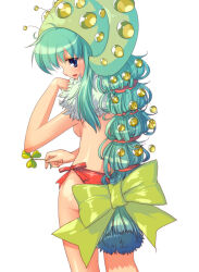 Rule 34 | 1girl, antennae, back, bikini, bikini bottom only, blue eyes, blush, bow, breasts, clover, commentary request, cowboy shot, fabre, from behind, green bow, green hair, hair bow, hair ornament, hair ribbon, korean commentary, long hair, looking at viewer, looking back, matsuki ringo, medium breasts, mixed-language commentary, official art, open mouth, personification, ragnarok online, red bikini, red ribbon, ribbon, simple background, smile, solo, swimsuit, topless, very long hair, white background