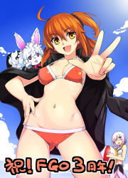 Rule 34 | 2girls, :d, ahoge, alternate costume, ball, beachball, bikini, blue sky, breasts, cameltoe, covered erect nipples, fate/grand order, fate (series), fingernails, fou (fate), fujimaru ritsuka (female), gluteal fold, hair ornament, hair scrunchie, hand on own hip, holding, holding ball, jacket, jacket on shoulders, looking at viewer, mash kyrielight, medium breasts, multiple girls, namonashi, navel, one side up, open mouth, orange hair, outdoors, red bikini, scrunchie, sky, smile, solo focus, standing, swimsuit, w, yellow eyes