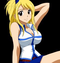 Rule 34 | 1girl, absurdres, blonde hair, blue bow, blue skirt, bow, breasts, brown eyes, cleavage, derivative work, fairy tail, highres, large breasts, long hair, looking to the side, lucy heartfilia, ponytail, seductive smile, shirt, sitting, skirt, sleeveless, smile, solo, transparent, transparent background, vector trace, white shirt, zipper