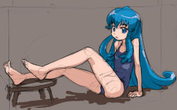 Rule 34 | 10s, 1girl, blue eyes, blue hair, brown background, happinesscharge precure!, long hair, looking at viewer, matching hair/eyes, one-piece swimsuit, precure, rohitsuka, school swimsuit, shirayuki hime, sitting, sketch, solo, swimsuit