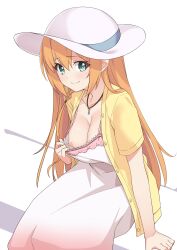 Rule 34 | 1girl, absurdres, breasts, collarbone, commentary request, dress, green eyes, highres, jewelry, long hair, medium breasts, morisobo, necklace, nipples, one breast out, open clothes, open shirt, orange hair, pecorine (princess connect!), princess connect!, pulled by self, shirt, short sleeves, simple background, sitting, solo, white background, yellow shirt