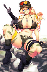 Rule 34 | 1girl, absurdres, ankle boots, armband, assault rifle, baseball cap, bikini, black gloves, black socks, blonde hair, blue eyes, blue footwear, boots, breasts, camouflage, camouflage bikini, camouflage headwear, cleavage, combat boots, commentary request, covered erect nipples, cross-laced footwear, dog tags, eye black, female focus, fingerless gloves, gloves, goggles, goggles on head, gun, hat, highleg, highleg bikini, highres, holding, holding gun, holding weapon, lace-up boots, large breasts, leg tattoo, long hair, m16, m16a4, navel, rakko (r2), rifle, rock, sandy bash, shorts, sitting, sitting on rock, smile, socks, solo, suketto sanjou!, swimsuit, tattoo, thigh strap, weapon