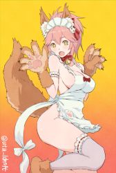 Rule 34 | 1girl, :o, animal ears, animal hands, apron, arm garter, bell, blush, breasts, chromatic aberration, cleavage, collar, fang, fate/grand order, fate (series), fox tail, gloves, headdress, large breasts, long hair, looking at viewer, naked apron, neck bell, open mouth, paw gloves, paw print, paw shoes, pink hair, revision, shoes, simple background, solo, tail, tamamo (fate), tamamo cat (fate), tamamo cat (third ascension) (fate), tamamo no mae (fate/extra), thighhighs, utu (ldnsft), yellow eyes