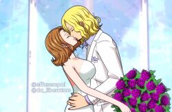 Rule 34 | 1boy, 1girl, aged up, blonde hair, bouquet, breasts, brown hair, charlotte pudding, closed eyes, collared shirt, commentary, couple, curly eyebrows, dress, effasempai, english commentary, facial hair, flower, hand on another&#039;s hip, hetero, highres, holding, holding bouquet, husband and wife, jacket, jewelry, kiss, large breasts, long sleeves, medium hair, one piece, purple flower, purple shirt, ring, sanji (one piece), shirt, short hair, sleeveless, sleeveless dress, strapless, strapless dress, third eye, twitter username, wedding, wedding dress, wedding ring, white dress, white jacket