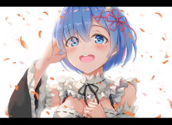Rule 34 | 10s, 1girl, :d, arms up, blue eyes, blue hair, blush, breasts, cleavage, collar, commentary request, detached collar, detached sleeves, eyes visible through hair, frilled collar, frills, hair between eyes, hair ornament, hairclip, hand in own hair, hand on own chest, heartsix, highres, letterboxed, looking at viewer, medium breasts, open mouth, petals, re:zero kara hajimeru isekai seikatsu, rem (re:zero), short hair, simple background, smile, solo, tears, upper body, white background, wind