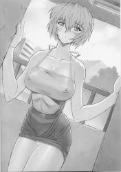 Rule 34 | 1girl, alternate breast size, ayanami rei, blush, breasts, covered erect nipples, greyscale, highres, large breasts, miniskirt, mogudan, monochrome, neon genesis evangelion, panties, pantyshot, pencil skirt, scan, skirt, solo, thighs, tight clothes, underwear, upskirt